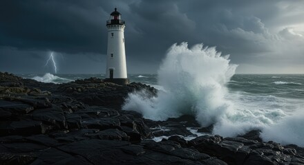 Obraz premium Towering waves crash against the rocky shore as a steadfast lighthouse stands firm against the storm