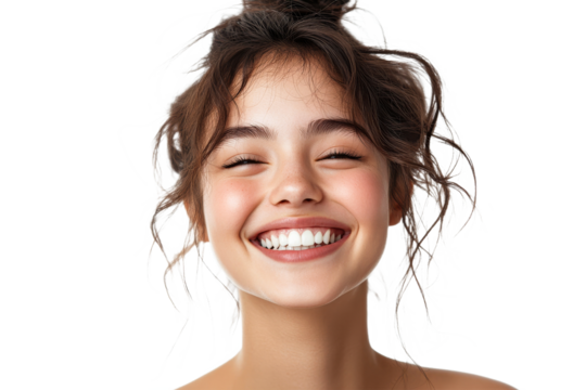 Joyful young woman with curly hair and bright smile