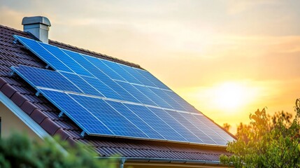 Obraz premium Modern house with blue solar panels under warm sunset, blending sustainability with serene beauty.