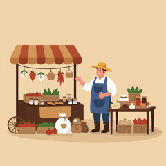 Farmer Selling Local Produce at Market Stall with Fresh Vegetables