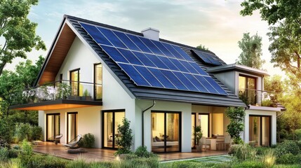 Fototapeta premium Modern house with blue solar panels under warm sunset, blending sustainability with serene beauty.