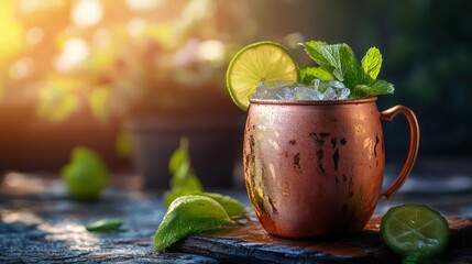 A refreshing Moscow Mule cocktail in a copper mug.