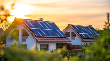 Fototapeta premium Modern house with blue solar panels under warm sunset, blending sustainability with serene beauty.