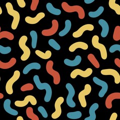 Bright Abstract Memphis Design Pattern with Neon Shapes on Black Background for Vibrant Visuals
