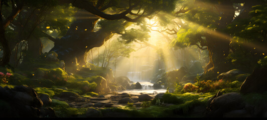 sunlight penetrates between the trees in the enchanting fores, ai generative