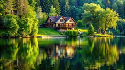 House on lake shore, lush greenery all around, serene atmosphere, nature, calm water,  nature