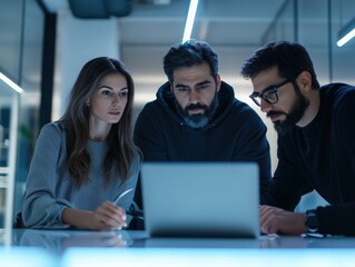 Focused team of professionals collaborating on a laptop in a modern office, symbolizing teamwork, innovation, and success. Ideal for technology companies, business websites, and project management pre