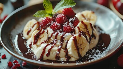 A plate of banana slices with raspberries and chocolate sauce.