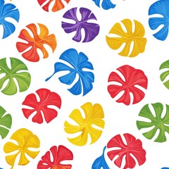 Obraz premium Vibrant Modern Tropical Floral Pattern with Colorful Monstera Leaves on a White Background