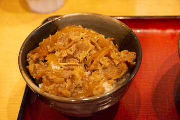 Japanese food meat gyudon with rice or garlic fried rice recipe beef of local restaurant shop in Ariake train JR railway Station of Tokyo Bay in Koto City, Tokyo, Japan