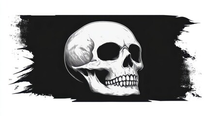 Fototapeta premium A detailed illustration of a human skull is centered against a stark black background. Artistic brush strokes in white create an intriguing contrast, emphasizing the skull's features