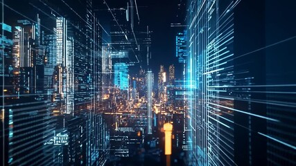 Futuristic digital city network connection, data stream visualization concept - Powered by Adobe