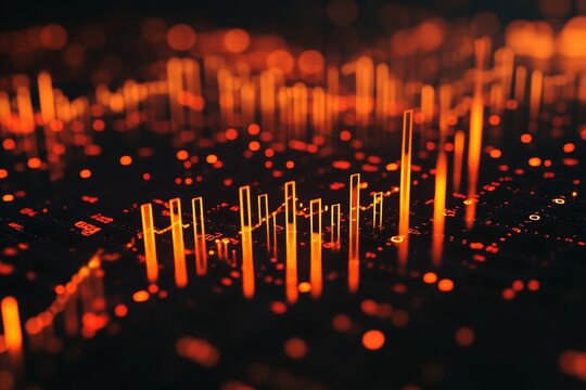 Red stock market graph with orange dots and lines on black background for financial analysis concept