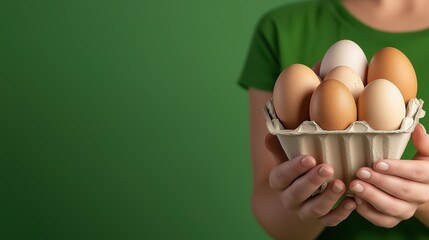 Buying bio organic eggs in a zero waste shop with a green pop art background