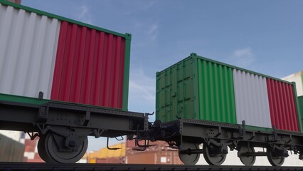 Containers with the flag of Italy. Railway transportation. 3d illustration