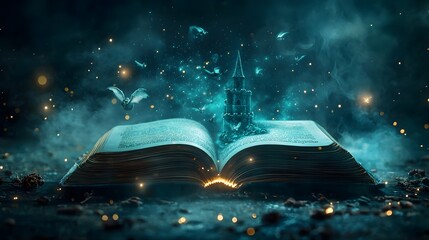 Enchanting photograph of an open book in a mystical misty setting with a towering wizard s castle emerging from its pages surrounded by swirling spells glowing runes and fantastical magical creatures