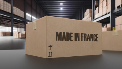 Boxes with MADE IN FRANCE text on conveyor. 3d illustration