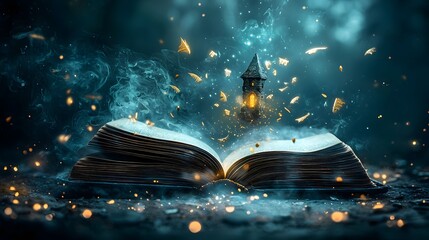 Obraz premium A captivating image of an open book revealing a wizard s tower emerging from its pages surrounded by a misty otherworldly realm filled with floating spells glowing runes and magical creatures
