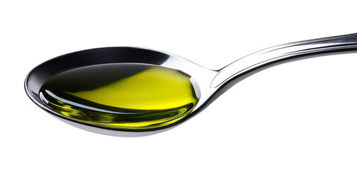 A metallic spoon holds a glossy layer of green olive oil