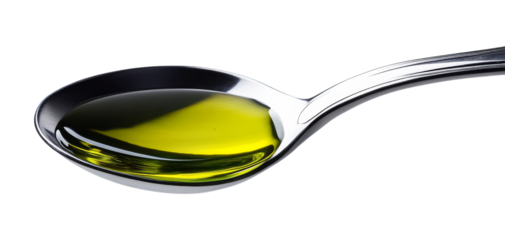 A metallic spoon holds a glossy layer of green olive oil