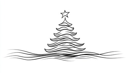 Simple line art Christmas tree on wavy snow.
