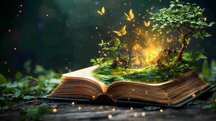 A whimsical and enchanting scene of a fairy tale kingdom emerging from the pages of a book resting in a peaceful meadow complete with tiny knights enchanted forests and magical animals