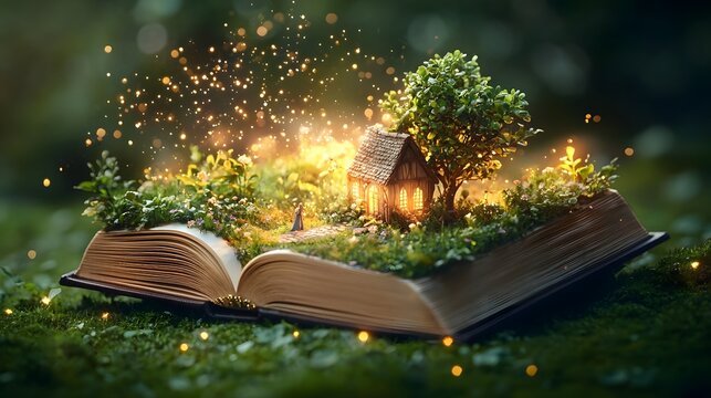 Whimsical fairy tale kingdom emerging from the pages of an open book set in a lush meadow landscape featuring enchanted forests tiny knights and magical animals