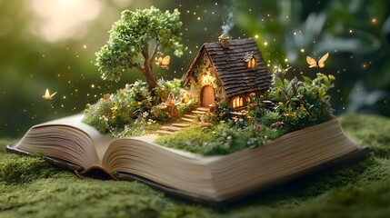 A captivating image of an open book resting on a serene meadow with a fantastical fairytale kingdom emerging from its pages  Tiny knights enchanted forests © Heng Heng - AI Stock