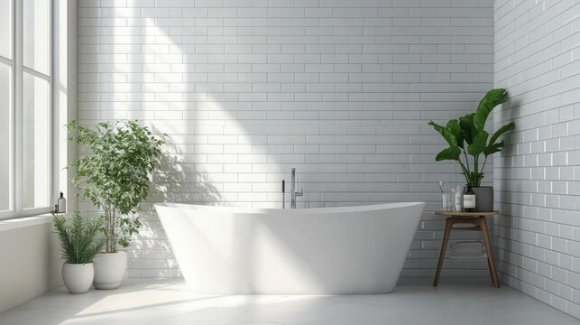 white tiled bathroom with a modern bathtub