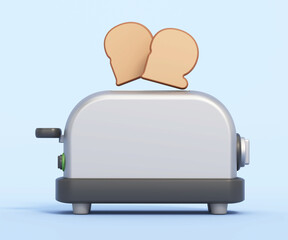 Cartoon toaster with breads isolated on blue background. 3D illustration