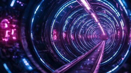 Futuristic Neon Tunnel  Sci Fi  Cyberpunk  Glowing Lights  Purple  Blue  Abstract  Geometr