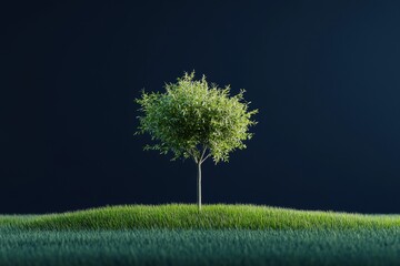 Realistic 3d rendering of a small tree on dark blue background with minimalist green grass podium