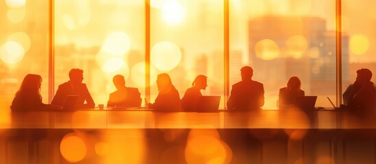 A group of business people meeting around a large glass table, the scene is lit by soft contour lighting and global illumination, perfect for corporate advertising or social media post design