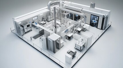 Detailed 3D render of a modern, minimalist laboratory facility with various equipment and workstations