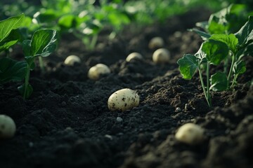 Freshly grown potatoes in dark brown earth with white plants on a farm background
