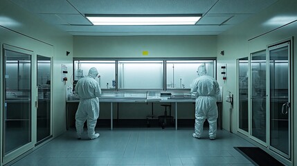 Two people in white full body suits working in a sterile laboratory environment with lab equipment