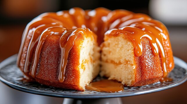 Delicious golden brown bundt cake with creamy caramel glaze and soft fluffy interior showcased elegantly