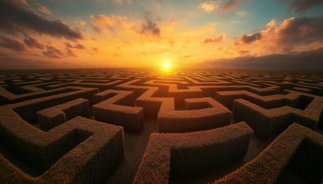 A symbolic maze with a rising sun  navigating life s challenges and embracing personal growth