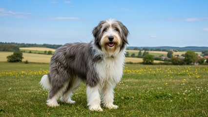 A beautiful Bearded Collie dog with a long, flowing coat standing in a lush green field