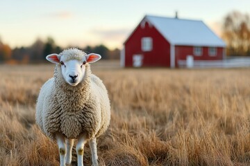 Cute fluffy sheep standing proudly in a golden meadow before a charming red barn during sunset in the Scandinavian countryside