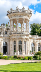 Fototapeta premium Ornate European palace exterior with ornate gazebo and gardens