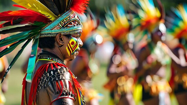 Colorful costumes and traditional dance mark International Day for indigenous cultures. Indigenous Peoples Day, August 9
