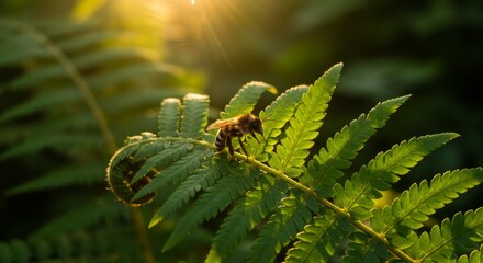 Bee on Fern in Sunlight - A honeybee rests on a vibrant green fern frond, bathed in the warm glow of sunlight. Nature, serenity, and pollination imagery