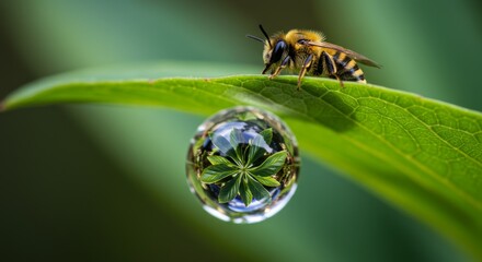 Fototapeta premium Bee on Leaf with Dewdrop Reflection - A bee rests on a vibrant green leaf, next to a glistening dewdrops reflecting a flower. Nature