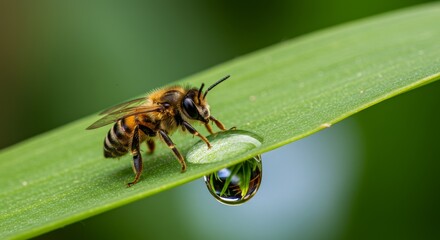 Bee on Leaf with Dewdrop Close Up - A close-up of a bee perched on a vibrant green leaf, with a dewdrop reflecting its surroundings. Symbolizing nature, purity, life, fragility, and renewal