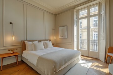Elegant bedroom with a bed window art and a wooden floor