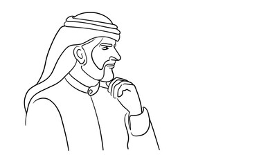 Emirati man in traditional clothes, continuous line art drawing. Muslim in a hijab. Vector illustration isolated on white background.