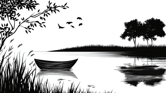 trees and boats, clean white background, black and white, simple thick lines, no shadows, simple image, perfect image, toretto. generate AI 