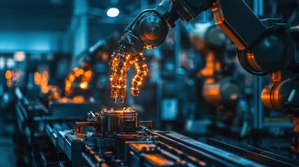 Robotic Hand Working on Circuit Board in Futuristic Factory Setting