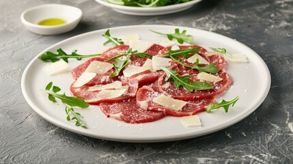 Elegant Beef Carpaccio Served with Fresh Arugula and Parmesan on Stone Table